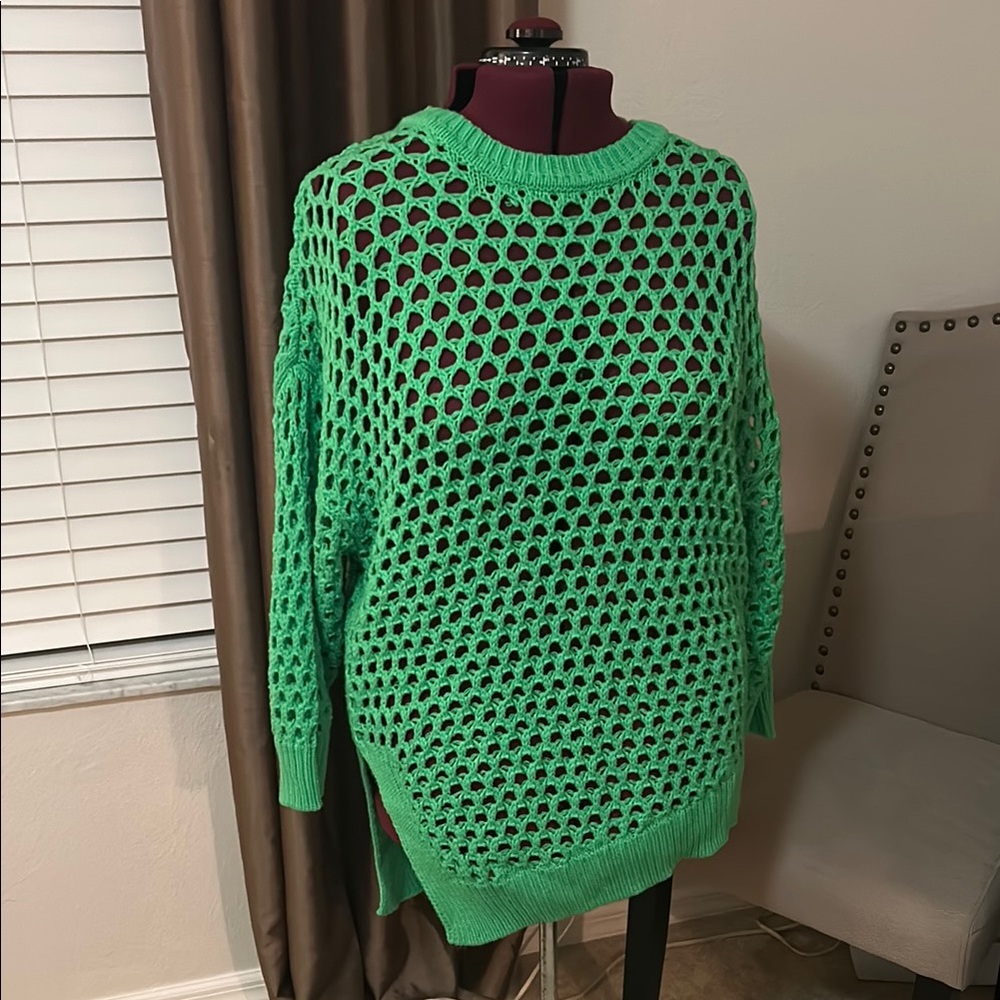 H&M Open-Knit Sweater Bright Green size XL pullover layering tunic long sleeve